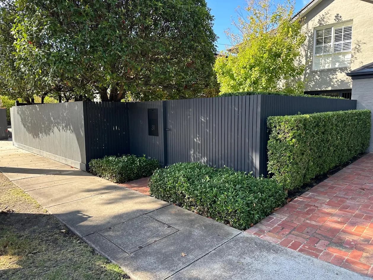 Dark painted vertical slat front fence with a matching gate and letterbox behind clipped hedges